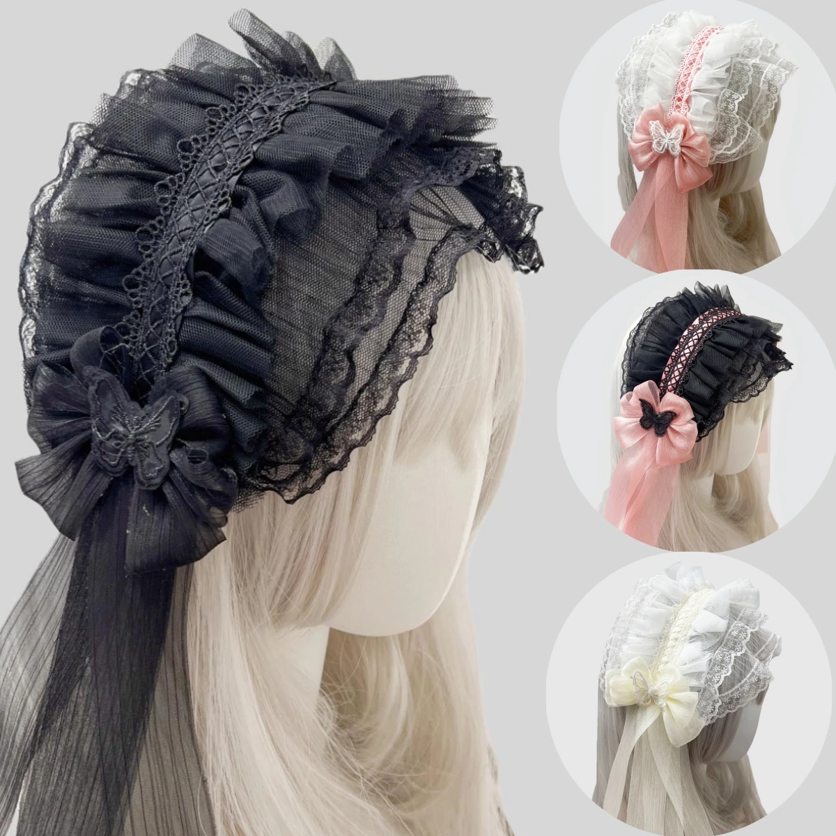 Veil Style Headwear Women's Girls Harajuku Ruffled Floral Lace Bow Headband Lolita Gothic Headwear Hair Accessories
