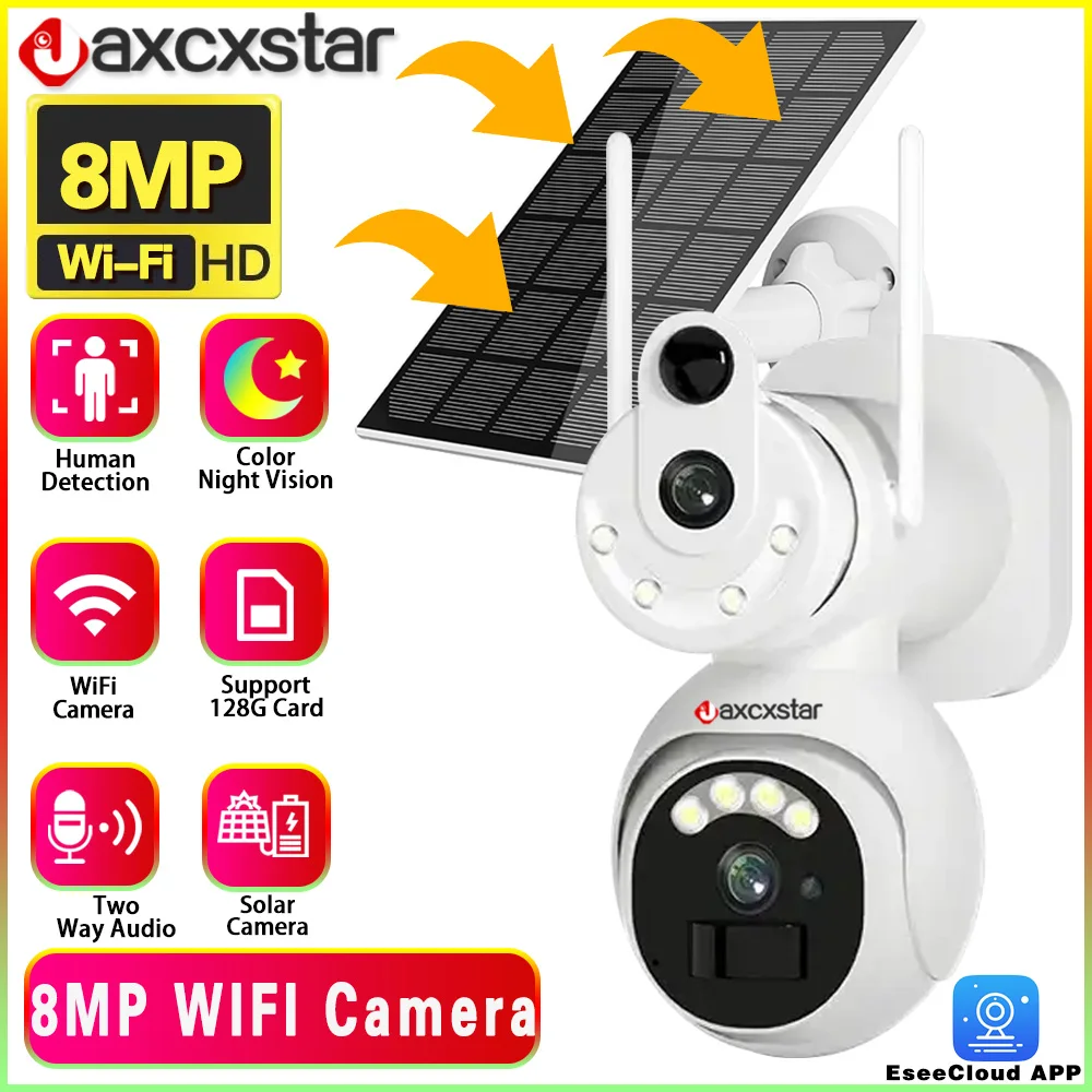 

8MP UHD Dual Screen Solar WiFi Camera 4K Outdoor Dual Lens Full Color PIR Detection Human Auto Tracking Solar Security Camera