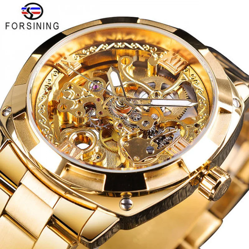 Official brand of free shippingfashion Luxury automatic men's watch Golden hollow waterproof watch luminous