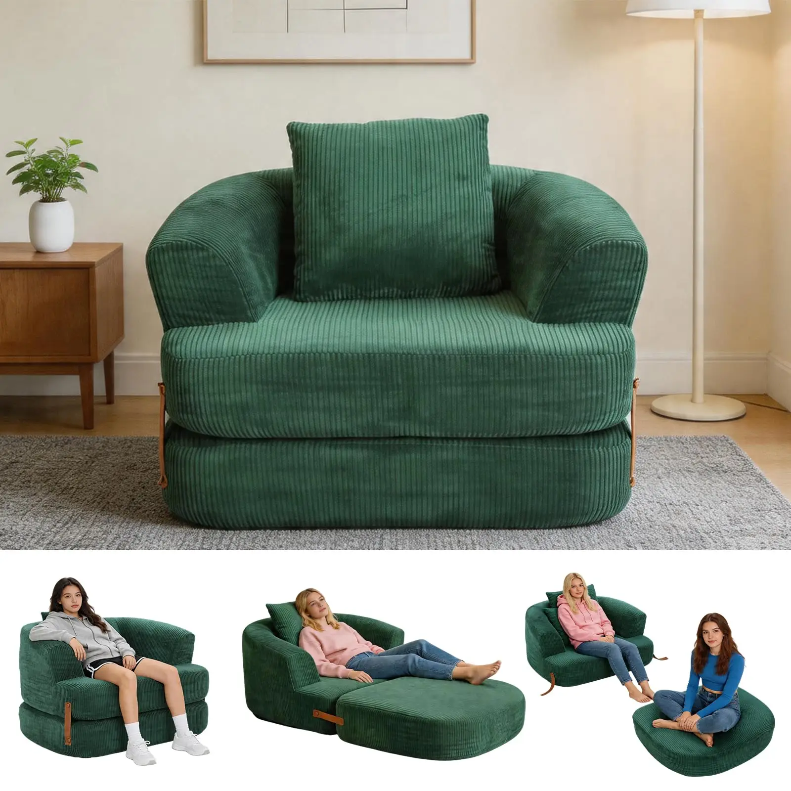 3-in-1 Convertible Folding Sofa Bed Chair, Boneless Sleeper to Floor Lounger - Adjustable Backrest - Removable Cover & Carry Handle