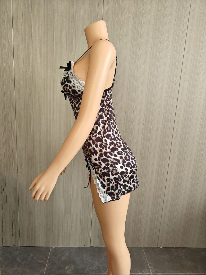 Strikken Kant Patchwork Luipaardprint Bodycon Nachtclub Party Mini Jurk Vrouwen Sexy V-hals Spaghettibandjes Backless Split Pyjama