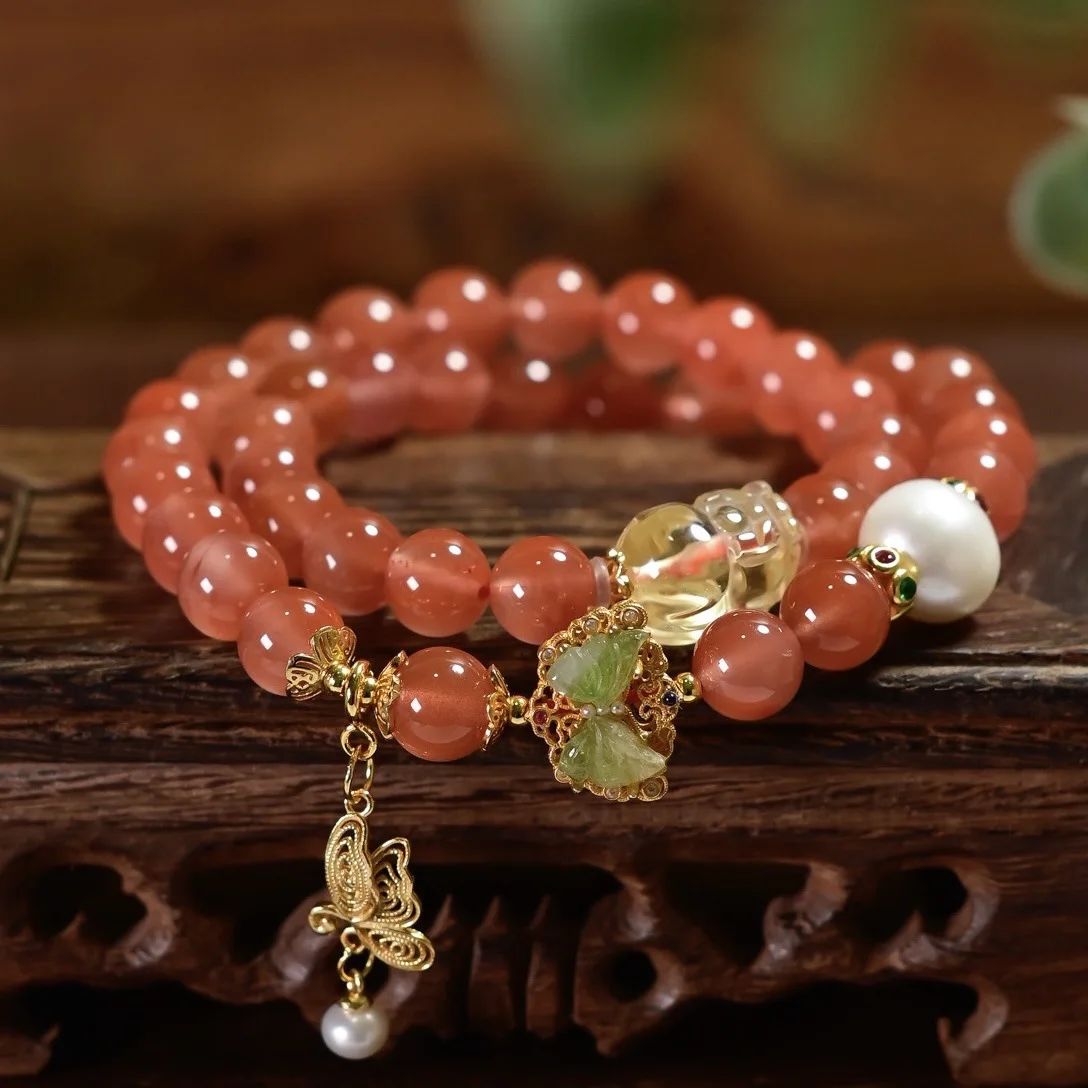 Natural Nanhong Agate Multi‑Loop Bracelet,Citrine Pixiu,Tourmaline Butterfly Inlay,S925 Silver Freshwater Pearl Chinese Jewelry