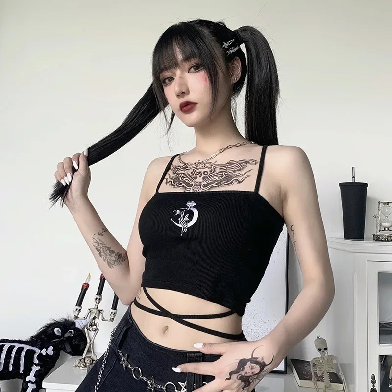 Gothic Women's Print Suspender Sleeveless Square Neck Slim Crop Top Sexy Halter Bottoming Shirt 2024 Girls Party Wear