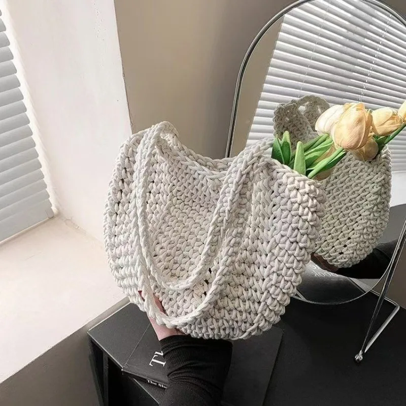 

Fashion Color Cotton Thread Weave Handbags Summer New Hand-knit Hollow Shoulder Bags Trendy Casual Daily Tote Bags Femme bolsa