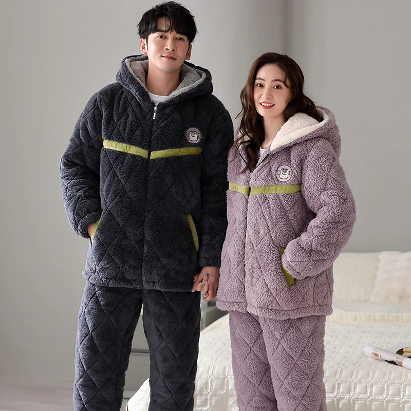 High Quality Winter Couple Pajamas Set 3 Layer Clip Cotton Hooded Pyjamas Lovers Thick Warm Home Clothing