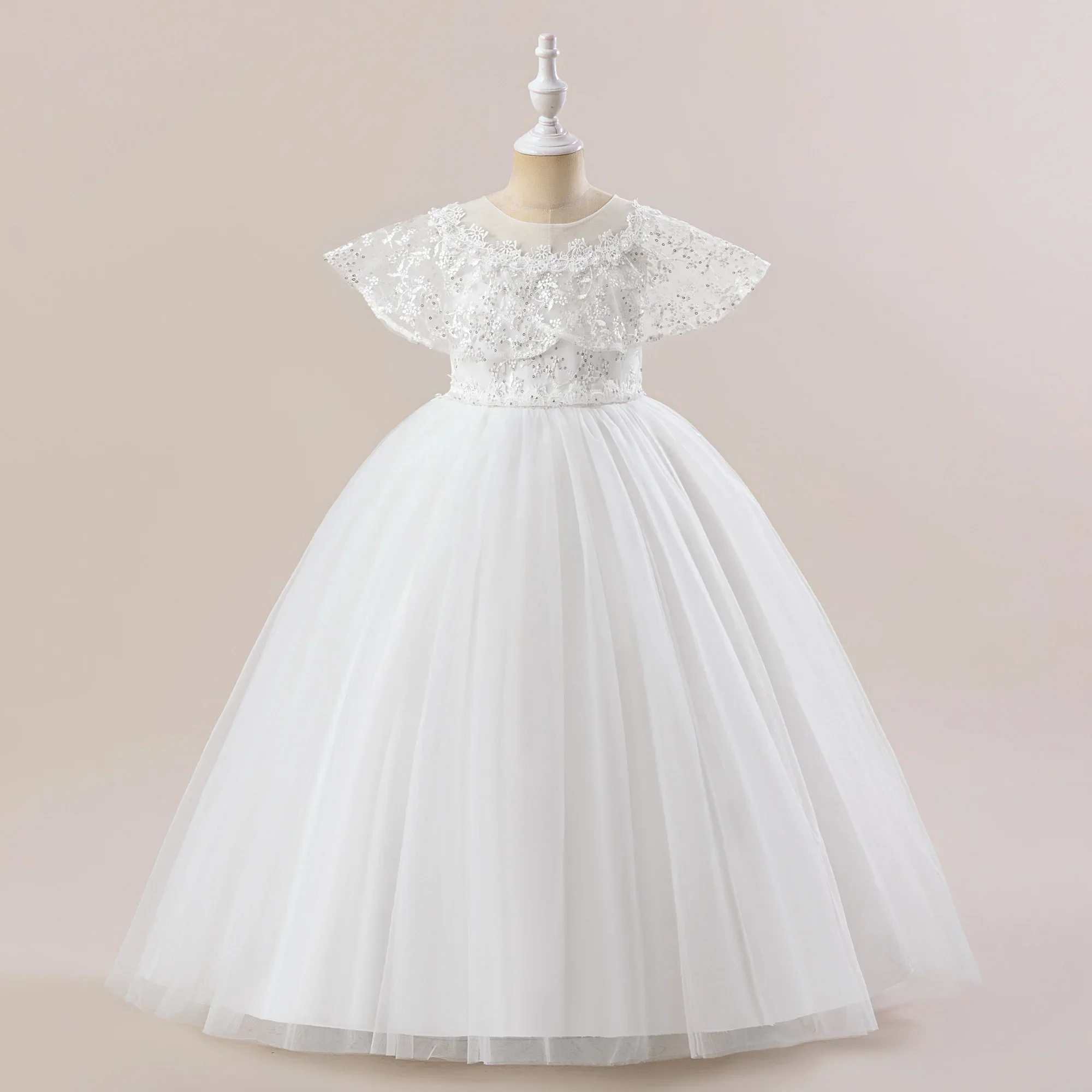 Eleganti abiti da ragazza di fiori bianchi Abito da principessa a trapezio alla caviglia per feste di matrimonio e serate di prima comunione Abbigliamento per bambini