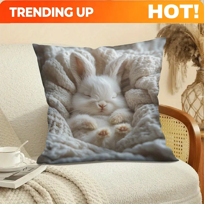 Customize 1pc Fluffy White Angora Bunny Sleeping on Soft Blanket Printed Short Plush Cushion Cover 18X18 Inches (45X45Cm) – Zipp