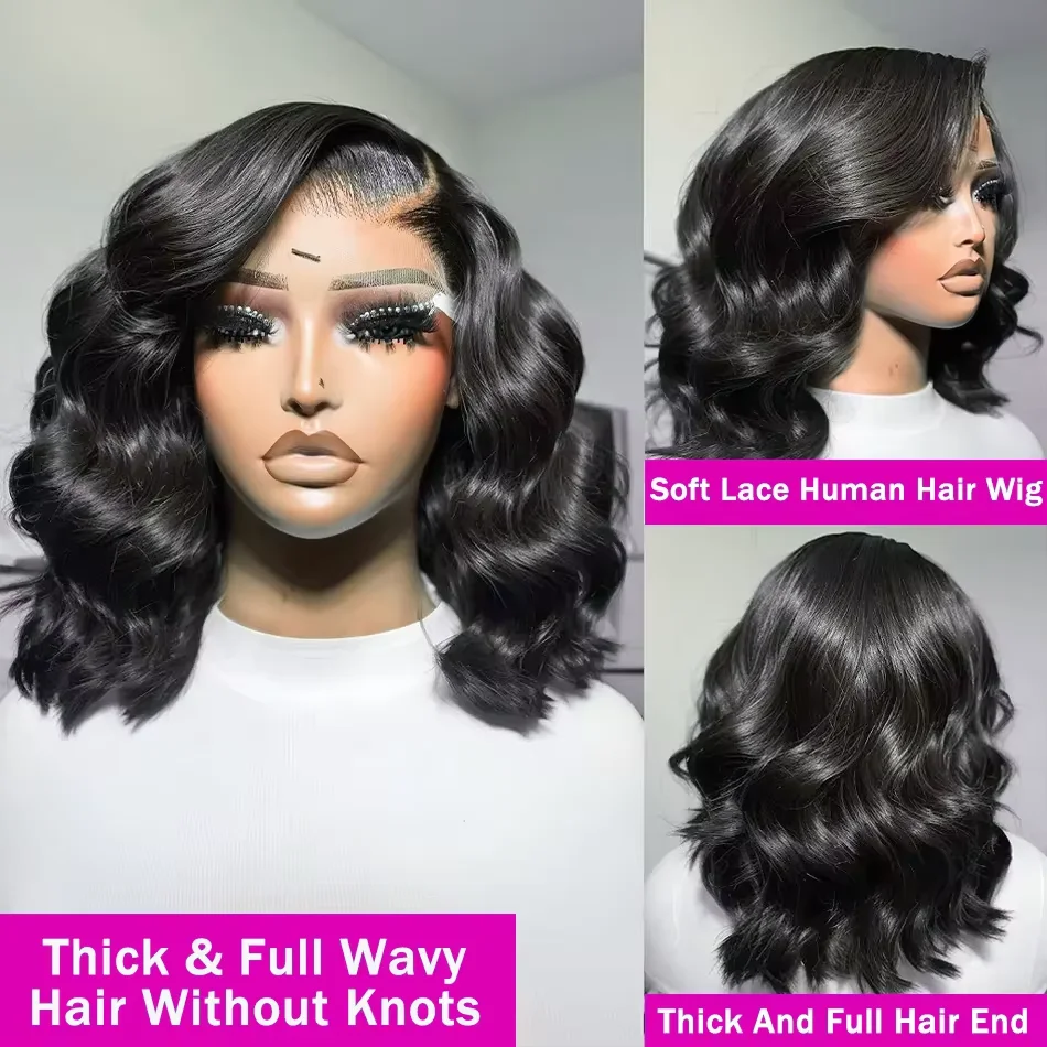 250% Body Wave 13x4 HD Lace Frontal Wig Short Bob Wig Human Hair Brazilian Hair Preplucked Glueless Wig Natural Wavy Bob Wigs image 4
