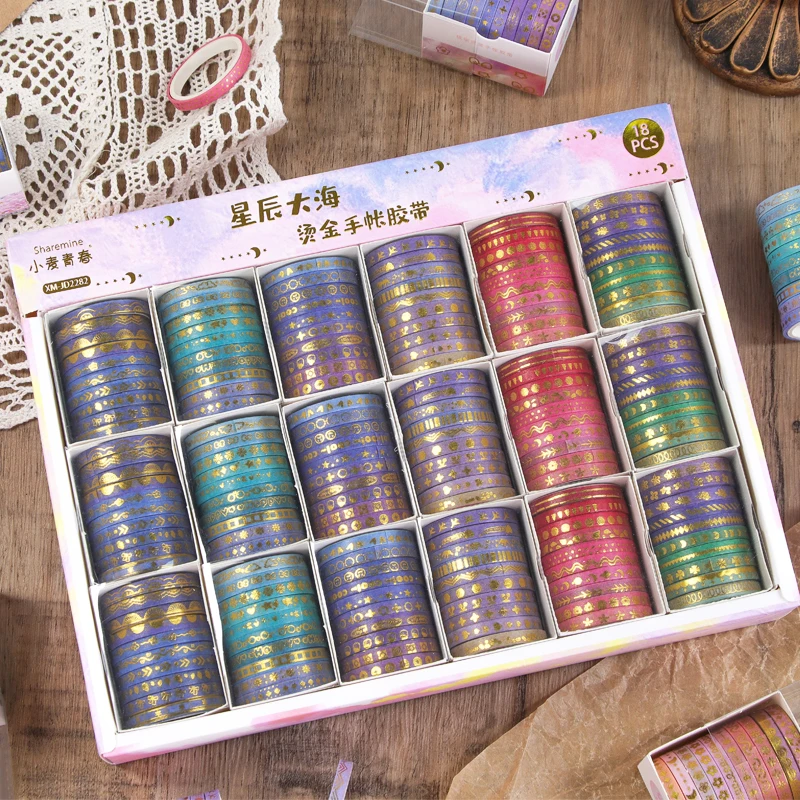 Starry Sea Gold Foil Washi Tape Set, 10/60/180 Rolls, Celestial & Wave Decorative Tape for Journal Scrapbook Planner