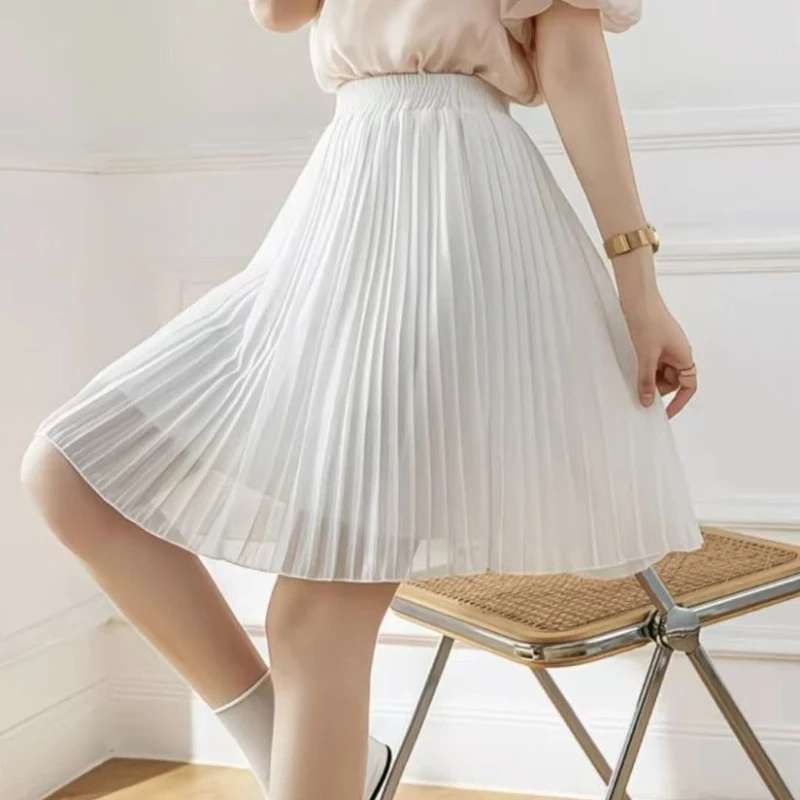 Summer Chiffon Pleated Skirt for Women Elastic Waist Simple Versatile White Skirt Fashion Leisure A-shaped Short Black Skirt