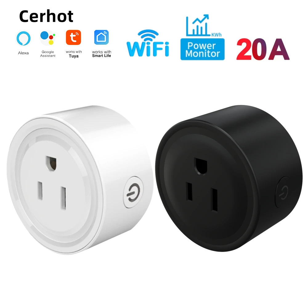 Cerhot Tuya WiFi Smart Plug US 20A with Power Monitor Remote Control Google Assistant Alexa Yandex Alice Voice Control