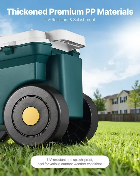 Carrinho de jardim com assento 276 libras, caixa de armazenamento e assento de plástico para scooter de jardim