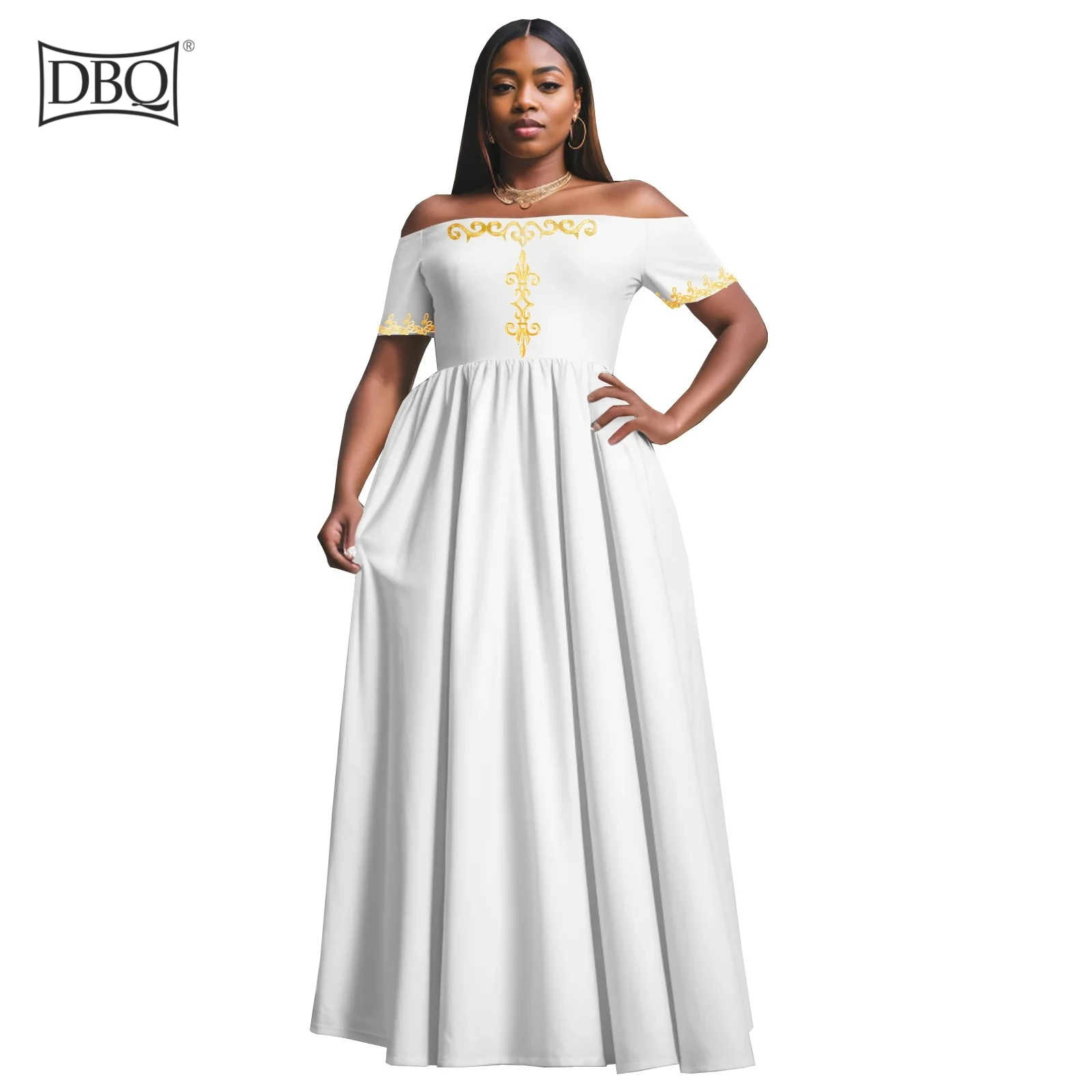

DBQ Women`s Dresses Off Shoulder High Waist Embroidery Maxi Dress Elegant African Dress