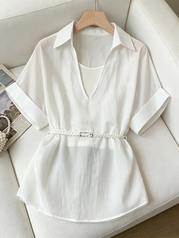 

Summer Women's V-Neck Short Sleeve Shirt Waist Belted Slim Fit Two-Piece Set Korean Style Straight Cut Daily Wear Breathable