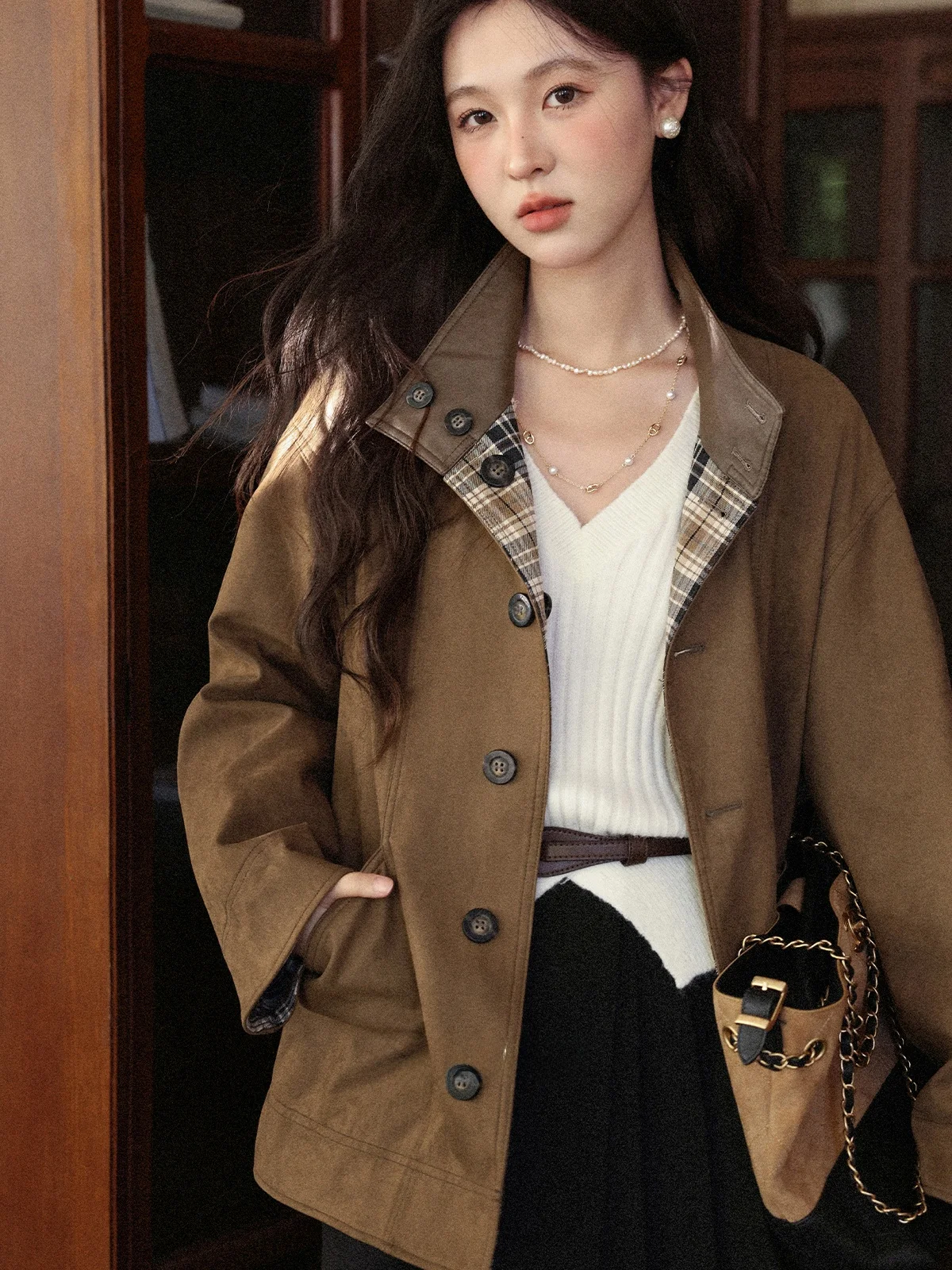 

Женская винтажная куртка South Deer с коричневым воротником, универсальная верхняя одежда, осенняя новинка, высокое качество, идеально сочетается со всеми видами одежды