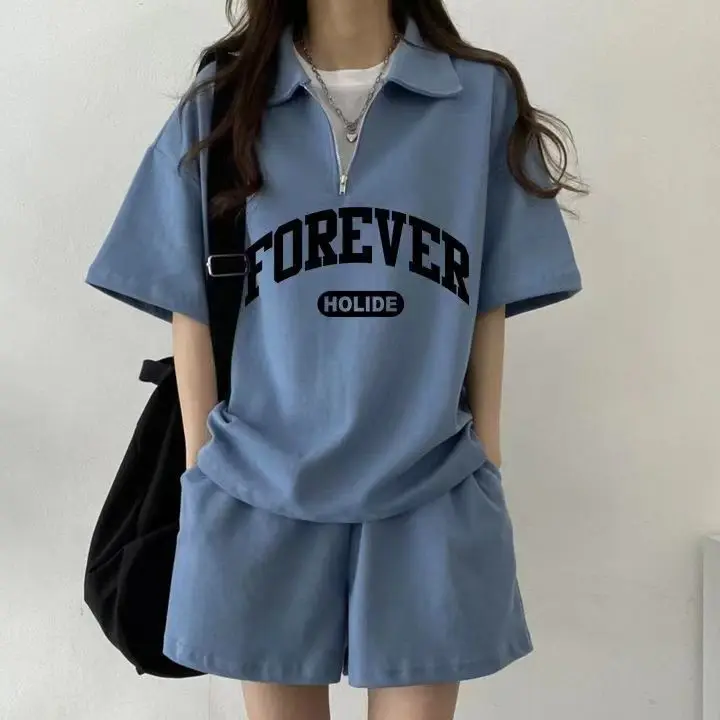 

New Girl Slimming Casual Round Neck Short Sleeved Shorts Two-piece Set with Letters Japanese Sportswear Set for Women