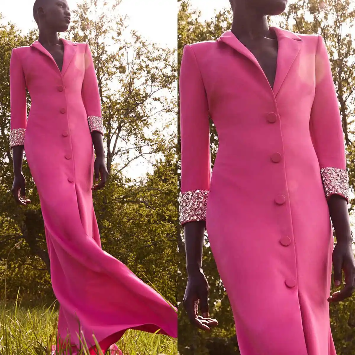 

Hot Pink Women Long Jacket Crystal Beading Custom Made Slim Fit Mother Of Bride Blazer Graduation Ceremony Attire Wear