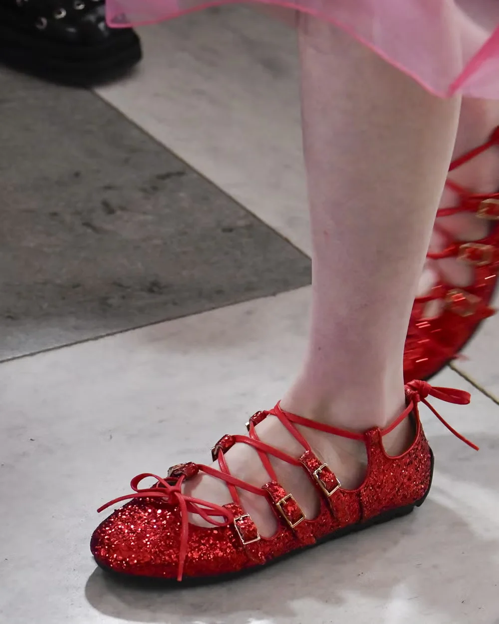 Red Glitter Round-Toe Strappy Flats Multi-Buckle Detail Lace-Up Ankle Tie Playful Bow Accent Sparkling Textured Casual Looks