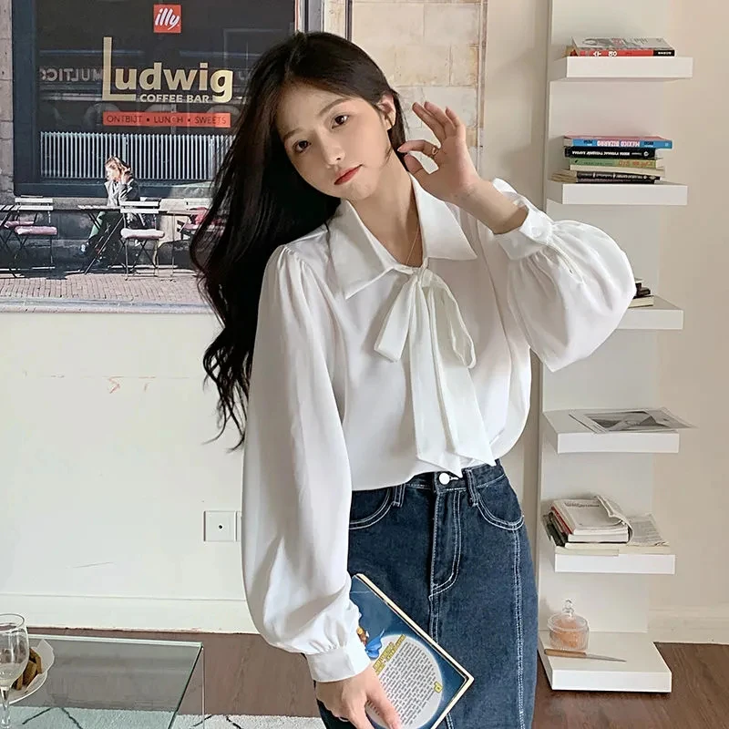 White Shirt Women Fashion Casual Kawaii Lace Up Bow Long Sleeve Tops Korean Elegant All Match Office Ladies Blouse Thin New