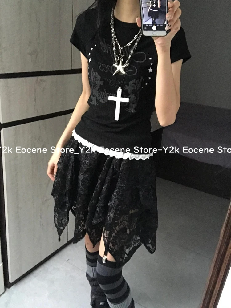 Gótico y2k menina quente magro manga curta topos feminino 2000s high street retro magro camiseta 90s estética novo chique retalhos outfits