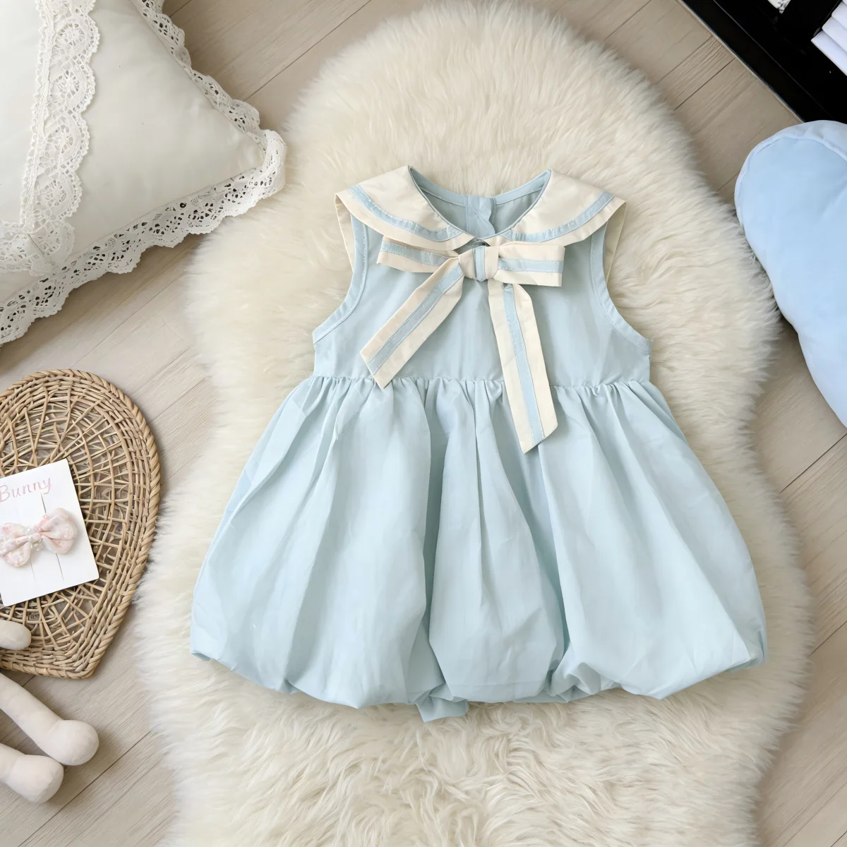 

New girls' French navy collar blue striped dress college doll collar temperament slim fit floral bud skirt