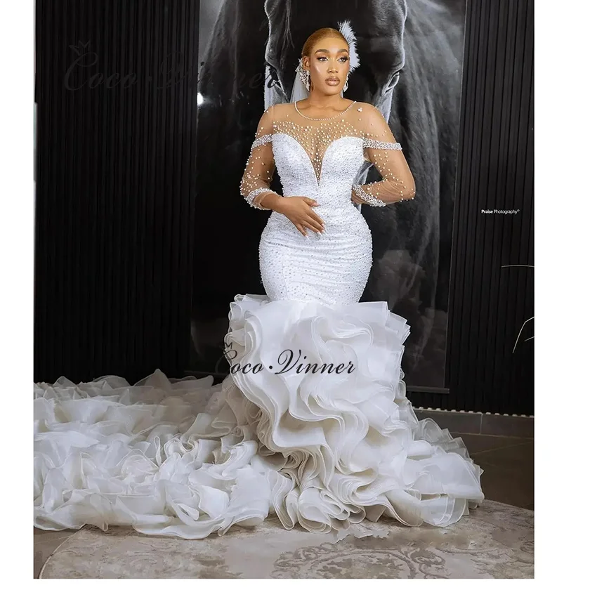 تخصيص طويل كشكش قطار فستان الزفاف حورية البحر 2025 جديد 3 أرباع الأكمام اللؤلؤ الديكور حورية البحر فساتين الزفاف النساء W1486