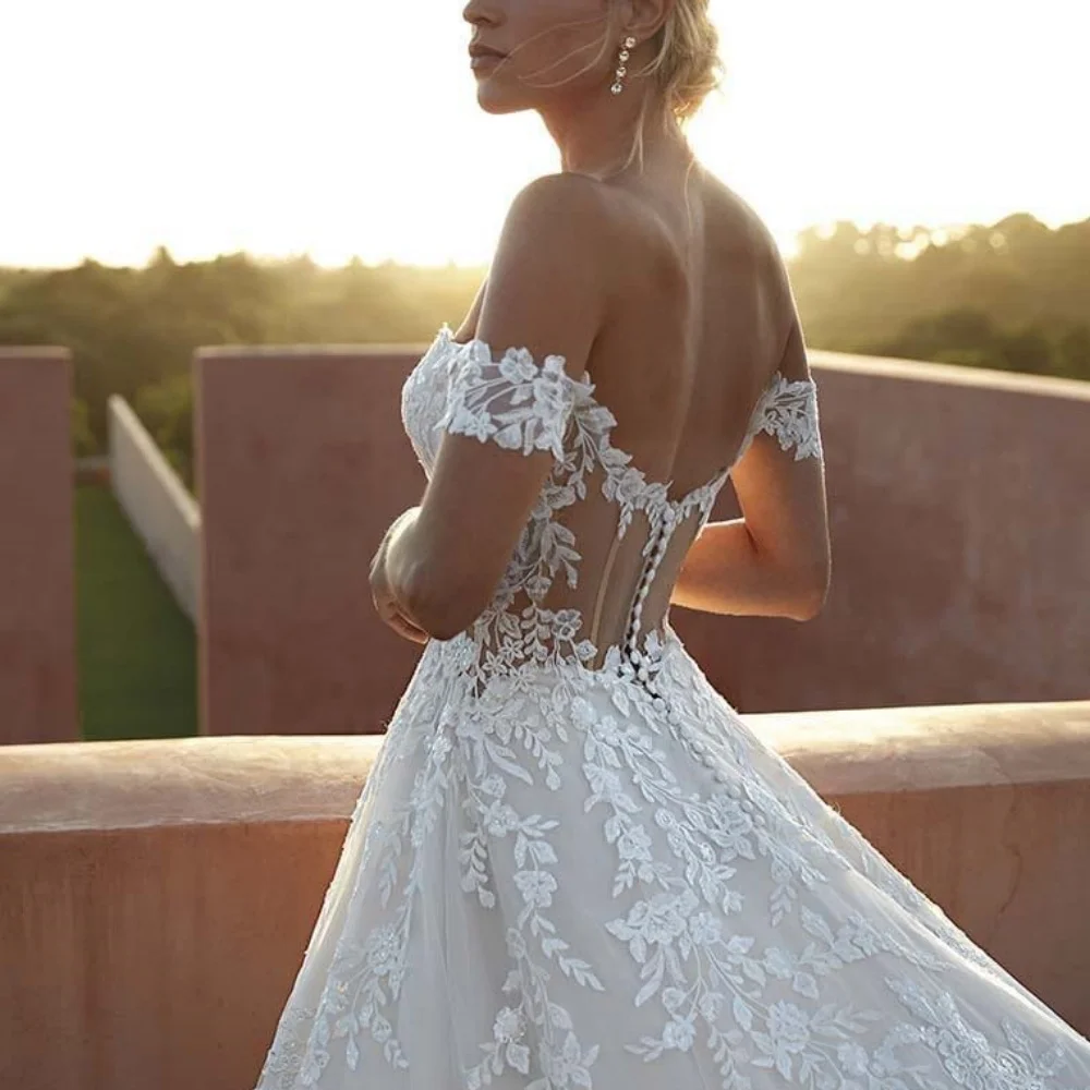 Exquisito vestido de novia de línea A, escote en forma de corazón con hombros descubiertos, apliques, vestidos de novia de tul sin espalda, nuevos vestidos de novia