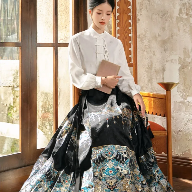 

Hanfu Новый китайский стиль имитация макияжа цветок тканая Золотая юбка Топ костюм для женщин