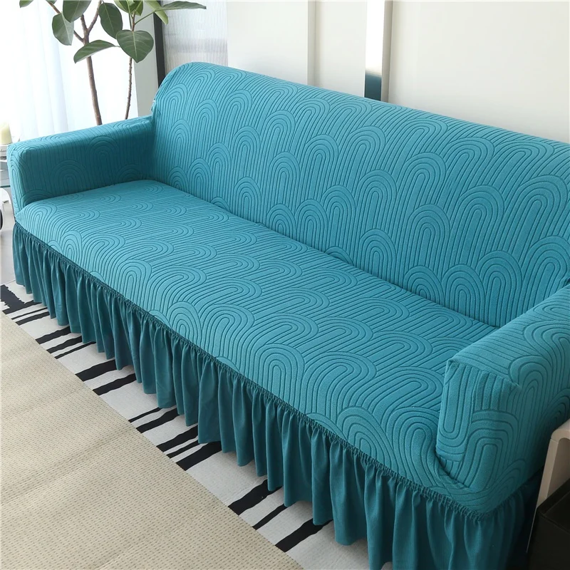 1/2/3/4 Seater Elastic Sofa Cover With Skirt Solid Color Thick Jacquard Sofa Protective Cover for Living Room