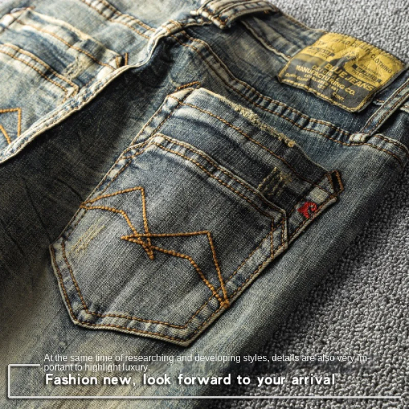 Classic Retro Men's Washed Worn Jeans Men's High-End Fashion Brand American Slim Straight Stretch Motorcycle Tappered Pants