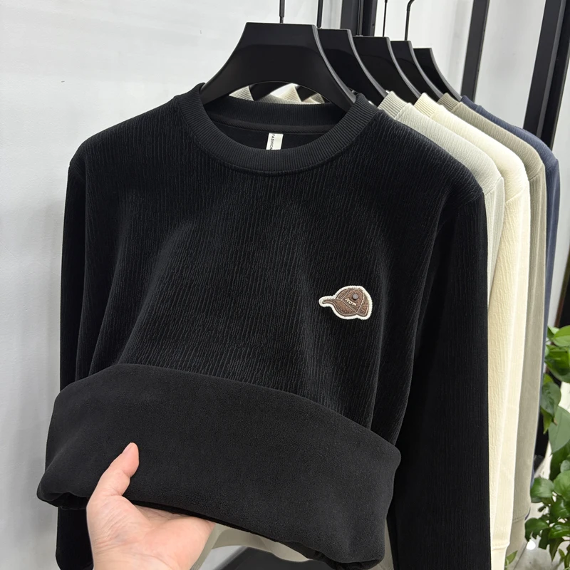 

Men's autumn winter high quality fleece-lined long sleeves T-shirt round neck keep warm pullover leisure fashion Men's clothing