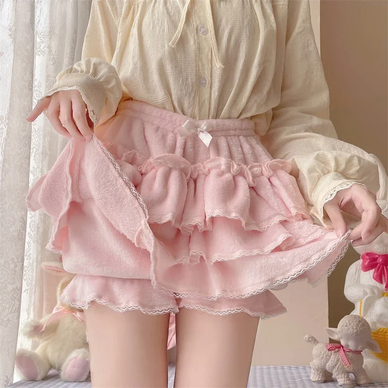 Harajuku Sweet Lolita Short Skirts Autumn Winter Plush Bloomers Y2k Japanese Kawaii Knickers Women Lace Bow Safety Short Pant