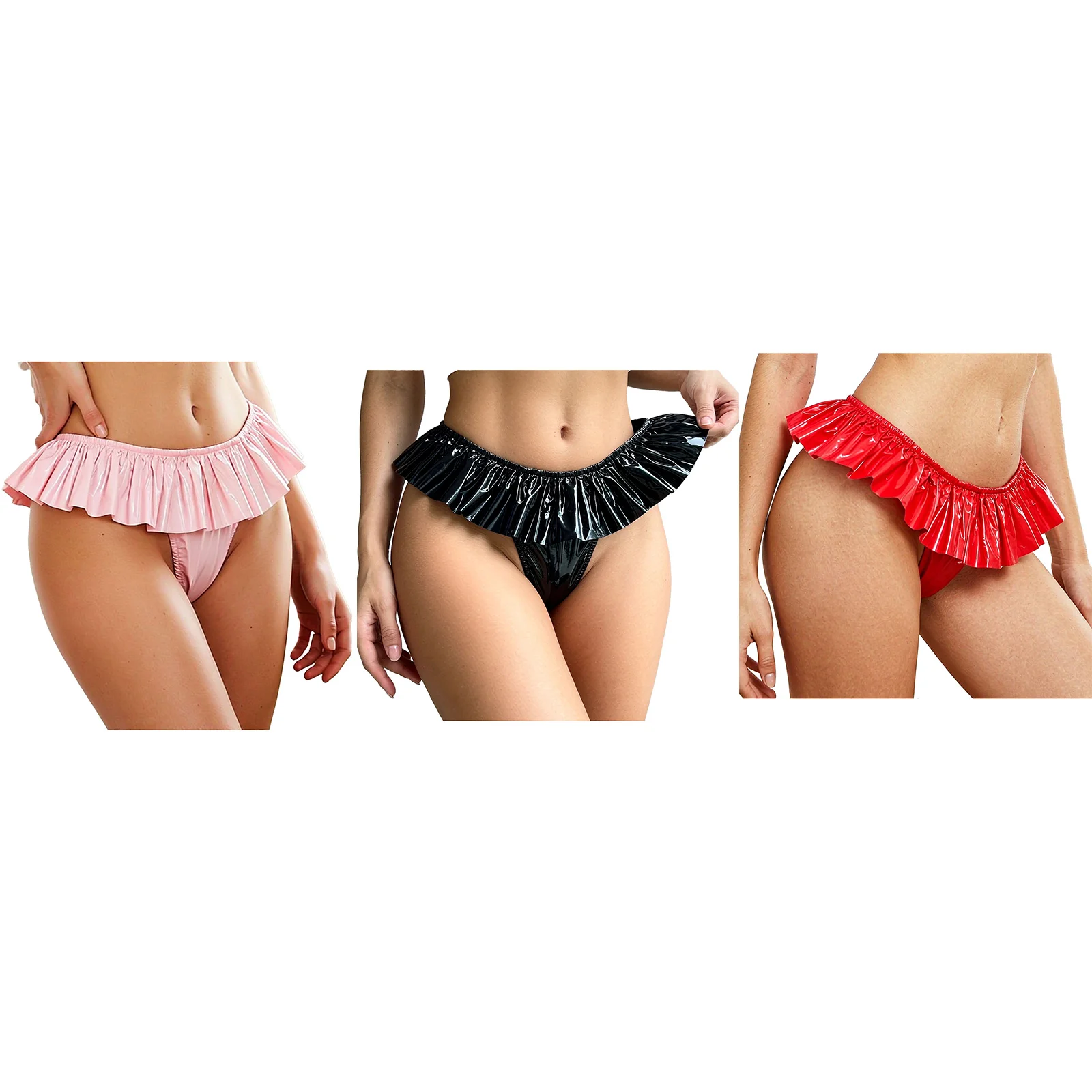 Women Waterproof Glossy Swim Briefs Swimwear Low Rise Ruffles Thong Panties Underwear for Beach Pool Party Sunbathing Nightclub