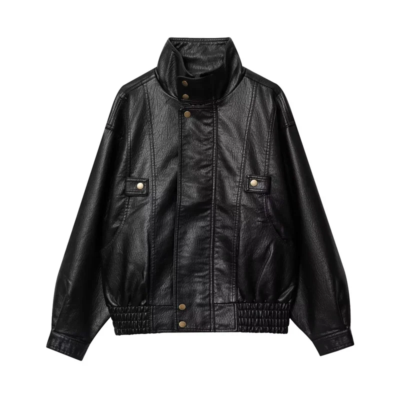 Giacca da donna 2025 Inverno Nuova giacca stile motociclista in ecopelle a maniche lunghe tinta unita alla moda ed elegante