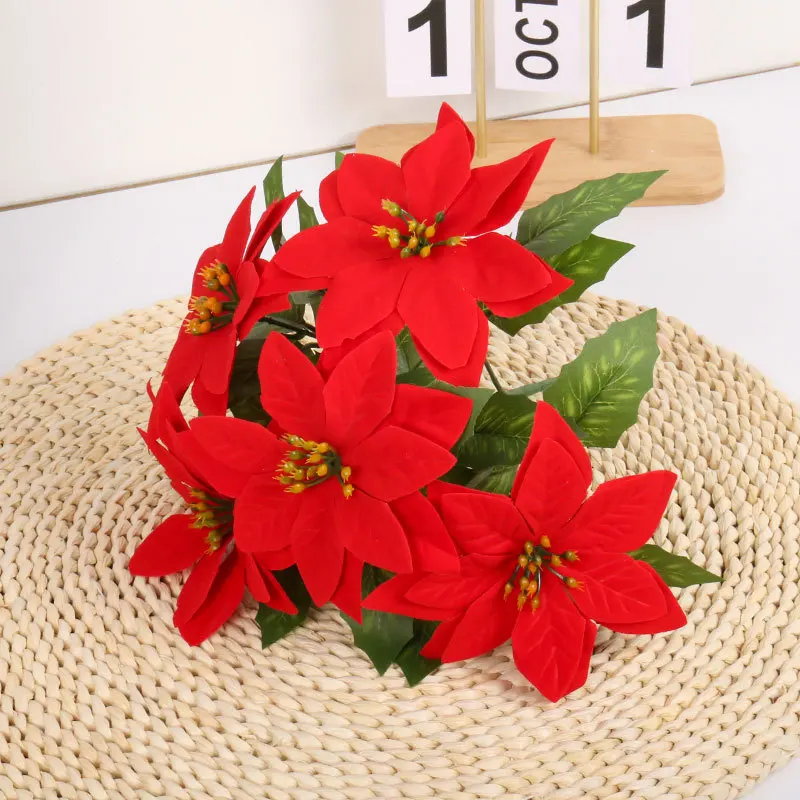 

10pc 26cm Christmas Christmas Flower Decoration Flannel Bouquet Christmas Decoration Simulation Red With Green Leaves Bouquet