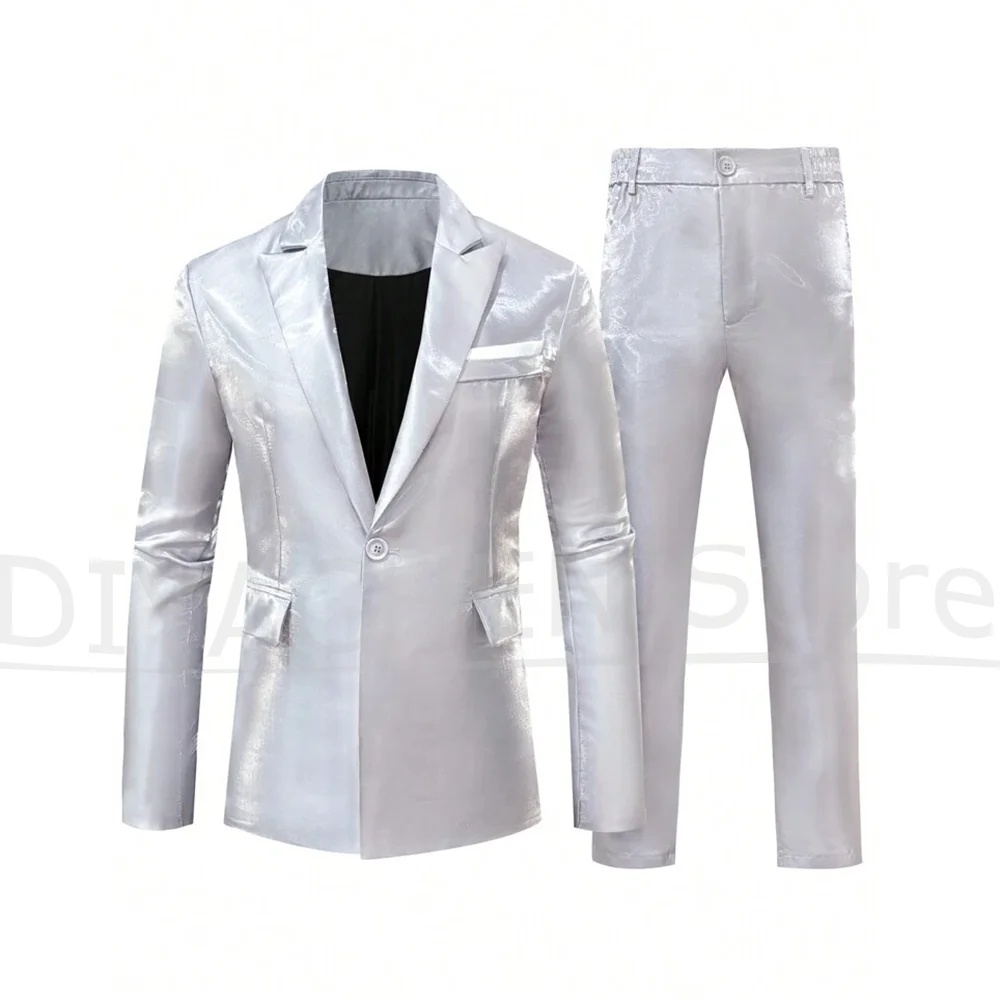 

Chic Satin Men Suits Wedding Party Prom Banquet Tuxedos 2 Piece Sets Formal Fashion Peak Lapel One Button Slim Male Suit