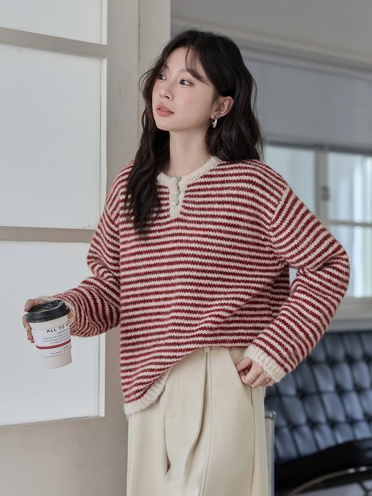 

Red Striped Knitted Sweater Women's Loose Vintage Long Sve Top HuiXi Commute Sle Autumn Winter New Arrival Button Detail