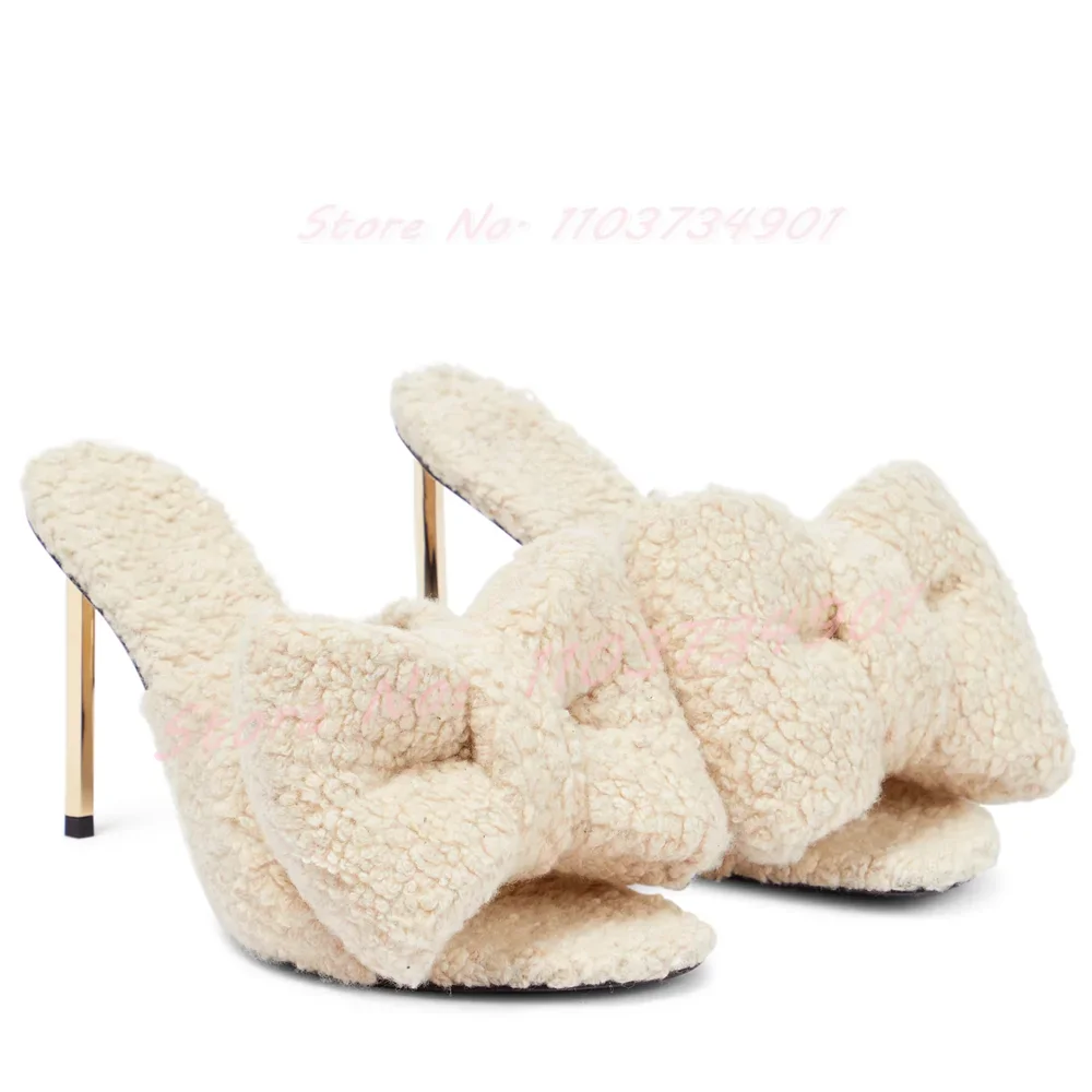 Klapki damskie na metalowym obcasie w kształcie motyla, w kolorze mlecznej bieli, z odkrytymi palcami, na wysokim obcasie, modne klapki na imprezę.