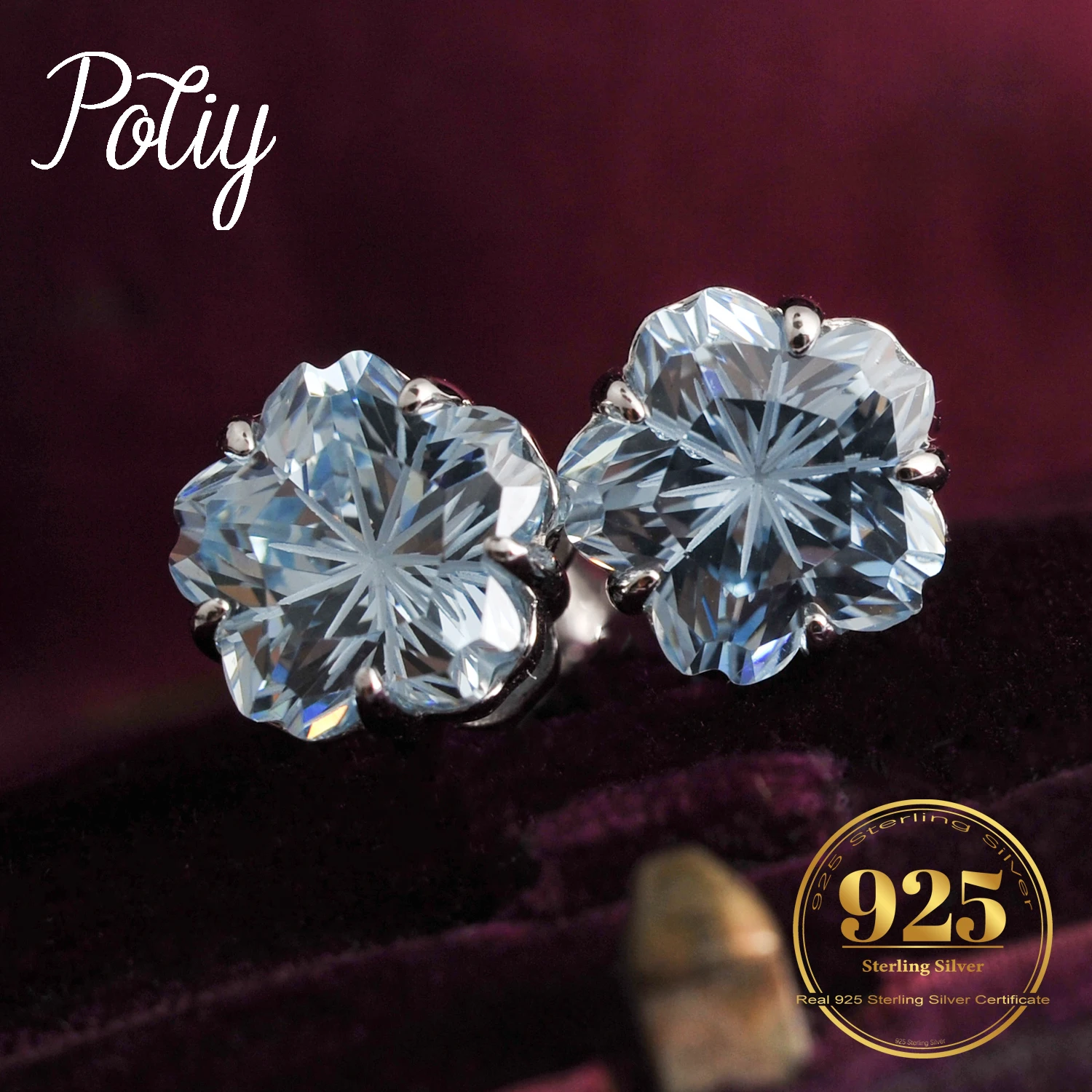 

Potiy Ocean Blue 4.5ct Cherry Blossom Cutting Cubic Zirconia Solitaire Stud Earings For Women 925 Sterling Silver