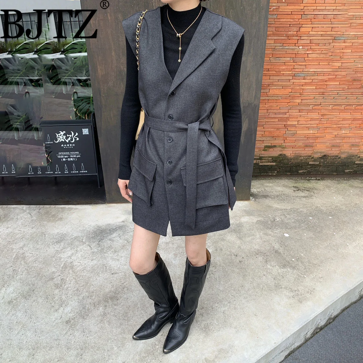 

BJTZ Fashion Office Lady Sleeveless Vest For Women 2026 Spring Autumn New Trend Lace-up Tie-waist Single Breasted Female Jacket