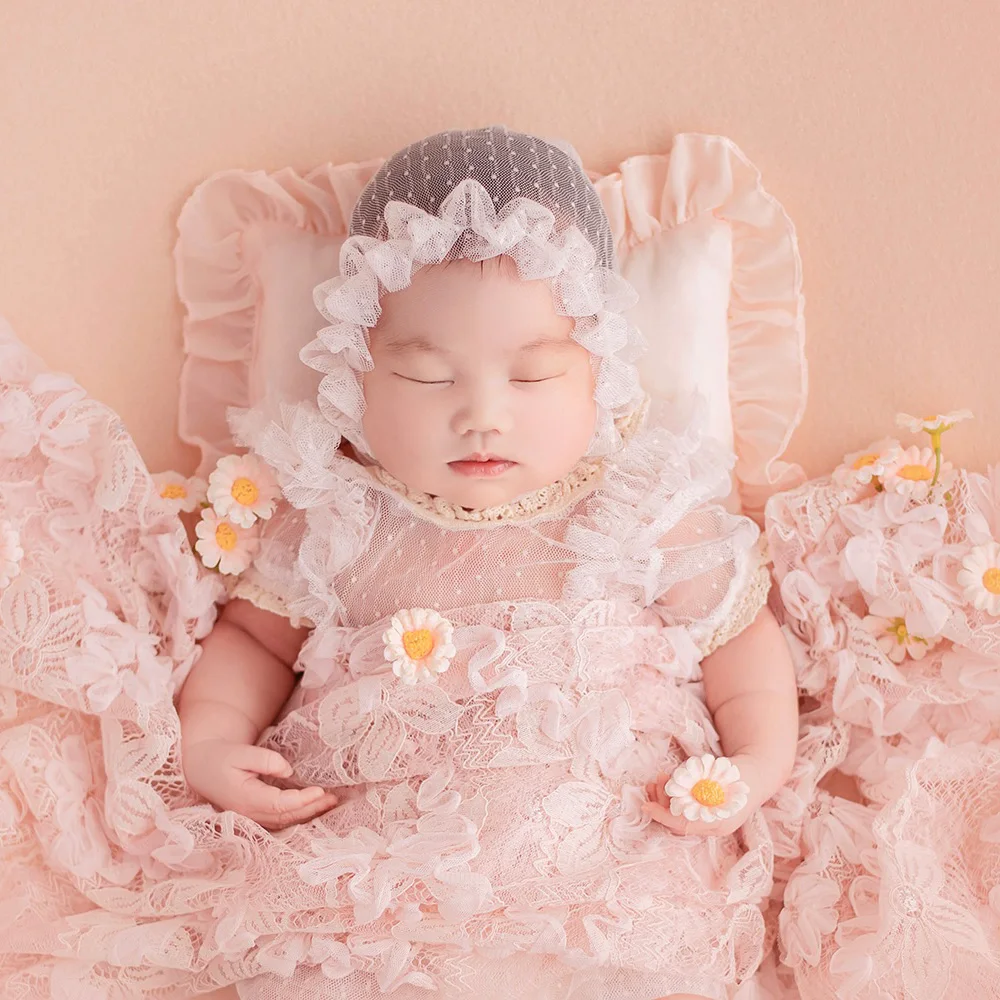 Baby Girls Clothes Lace Hat Pillow Photography Set Floral Lace Blanket Artificial Flower Decorate Props Studio Pink Photo Theme