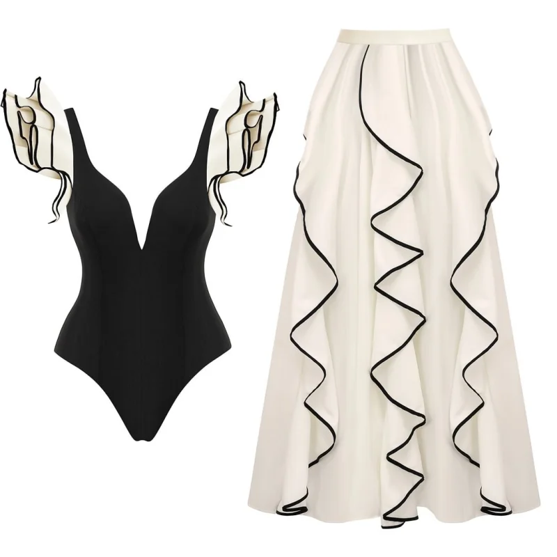 

2024 New V-Ne Sexy Women's One-Piece Swimsuit with Lace Hemline Surfing Suit ort Sve Fixed Chest Pad Pure Color