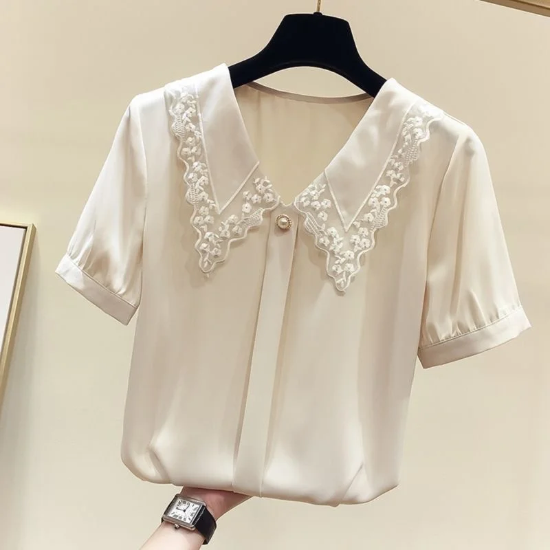 Women Spring Summer Style Blouses Shirts Lady Casual Short Sleeve Peter Pan Collar Blusas Tops ZZ0792