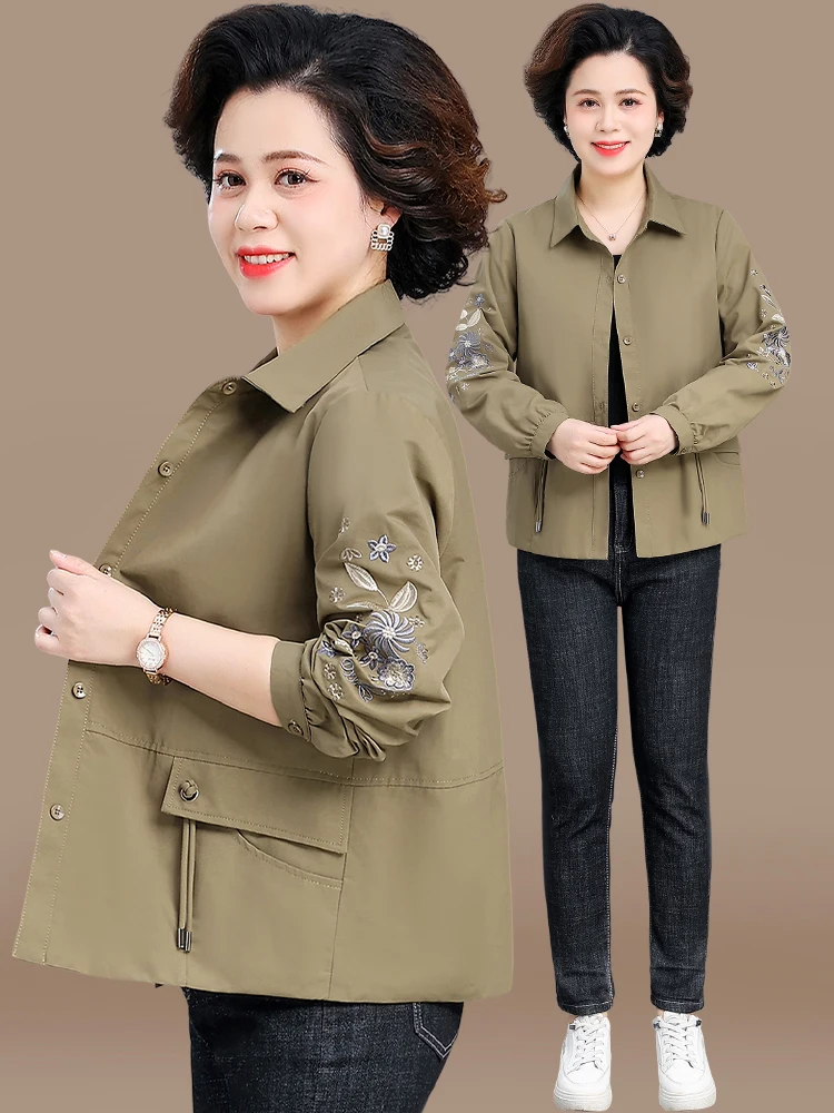 

Faionable Embroidered Thin Autumn Outerwear for orter Mothers Middle-Aged Women Spring Autumn Light Windbreaker Jaet