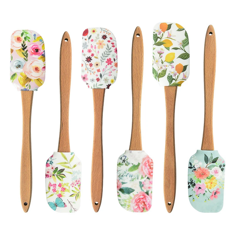 Non-stick Silicone Cookware with Wooden Handle Spatula Spoon Brush Sets Colorful Baking Kitchen Spatula Tools 30.5cm