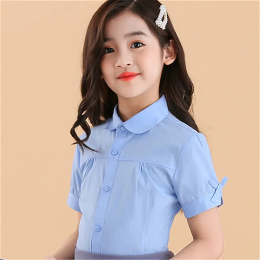 Girl White Short Sleeve Tops Cotton Baby Toddler Teenager School Girls Blouse Shirt Shirts Kids Children 6 8 10 12 Years Teen