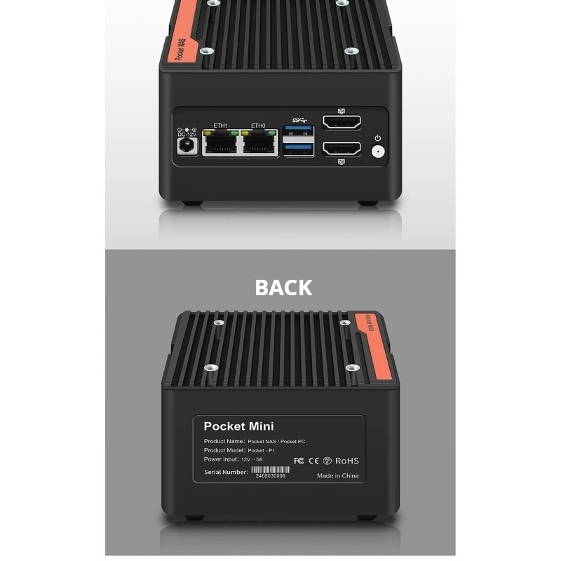 N100/N150/N305/N355 2.5G DDR5 4xM.2 Mini host NAS con flash completo de bolsillo