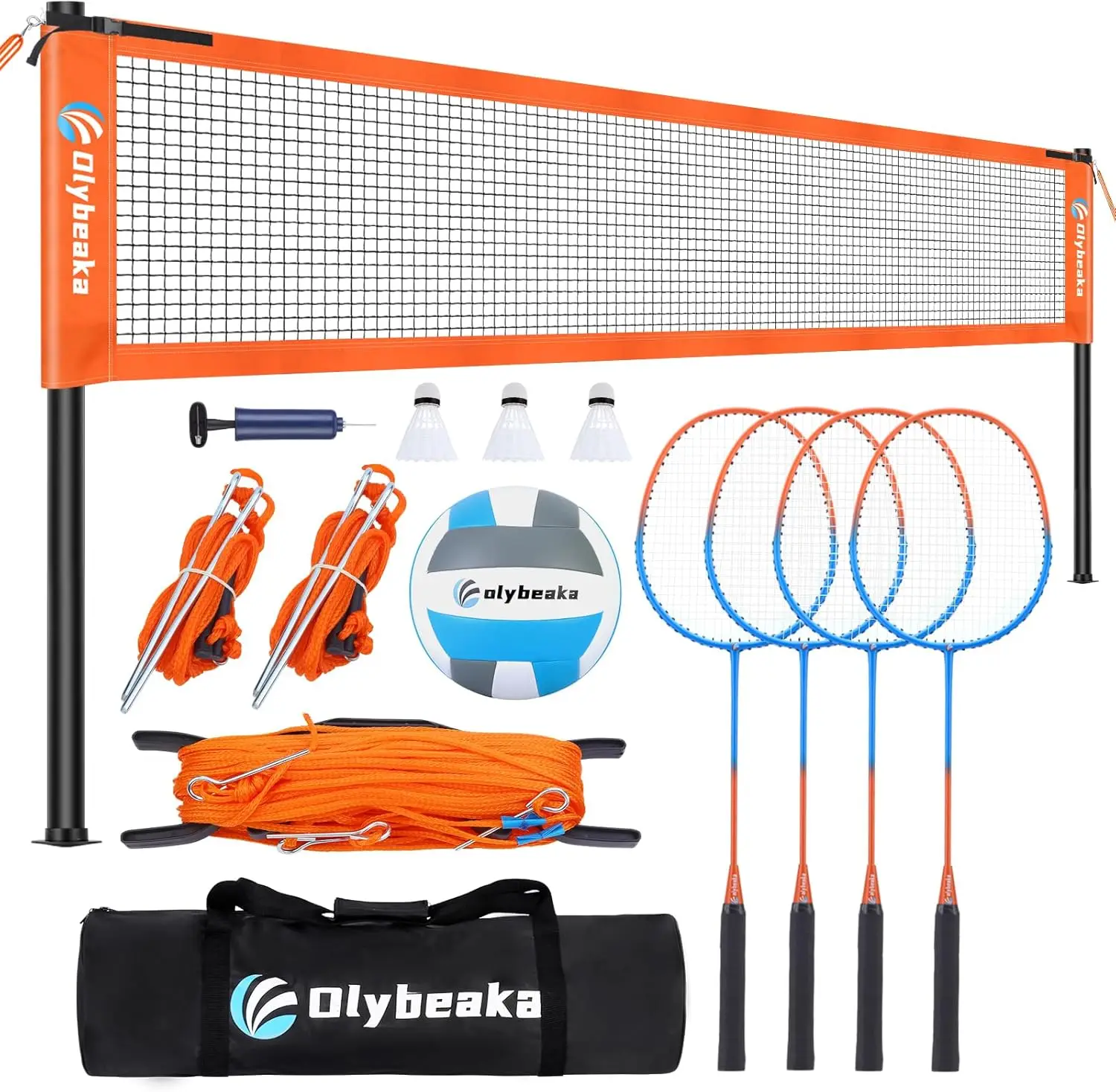 Volleyball Badminton Combo Set with Net, Anti-Sagging Design, 4 Badminton Rackets, 3 Birdies and PU Volleyball for Backyard Lawn