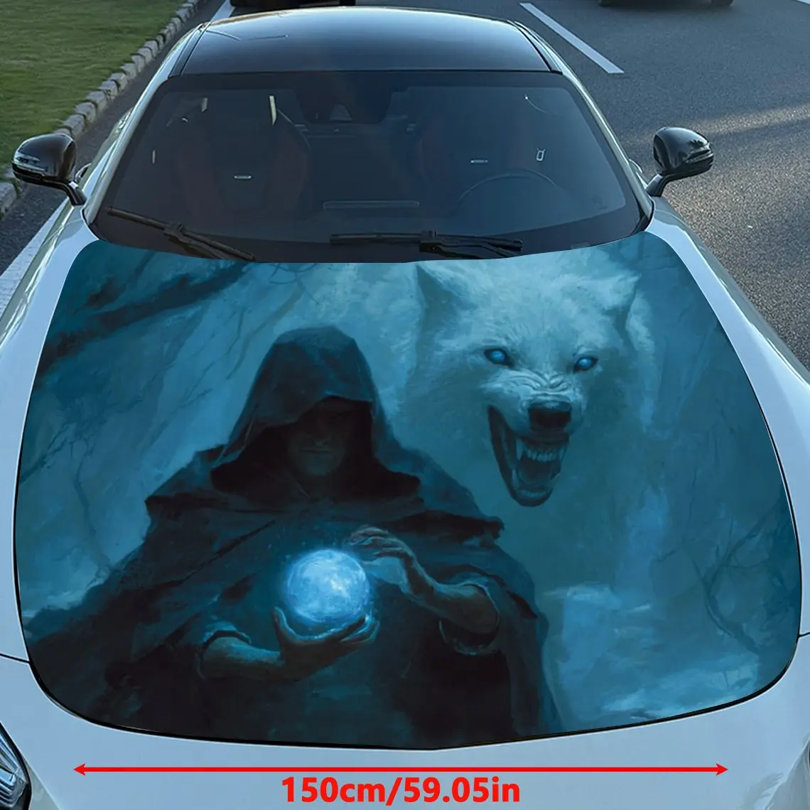 شخصيات غامضة بغطاء للرأس وملصق غطاء محرك السيارة الذئاب، طبقة غطاء حماية شخصية محرك PVC متينة، سهلة التركيب وات #2