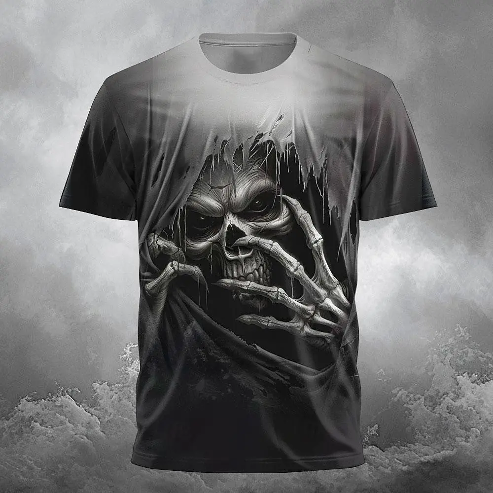 Men T-Shirt 3D Skull Print Casual Crew Neck Tee Short Sleeve Tops Summer Oversized T-Shirt Hip Hop Trend Fashion Men's Clothes image 3